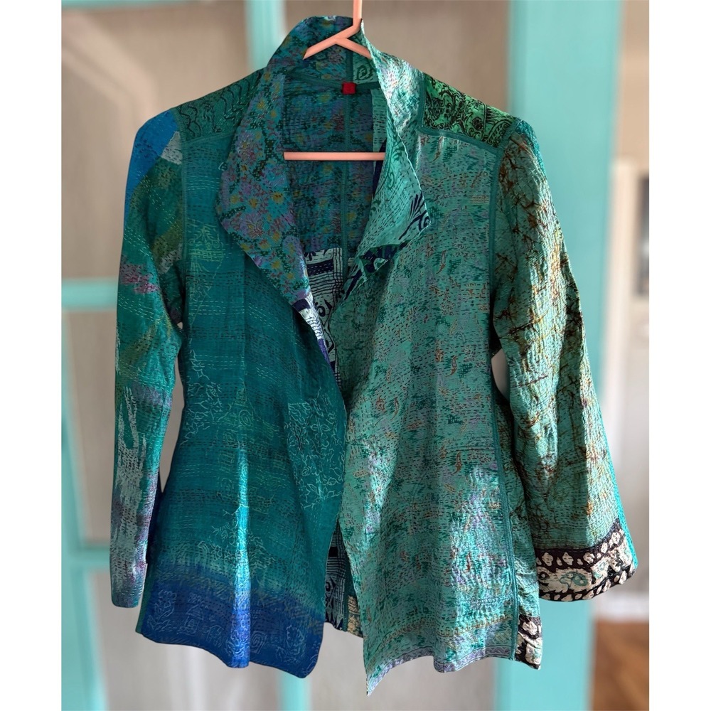 NEW Mieko Mintz Kantha Reversible Jacket Size Small Aqua Turquoise Blue Art $898